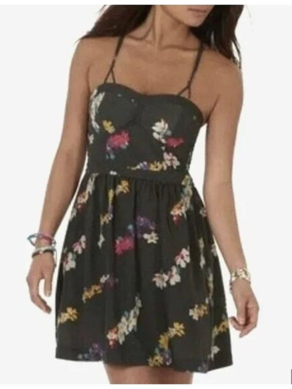 American Eagle Floral Fit & Flare Dress Size 0 Charcoal Gray Strappy Bustier Poc